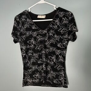 Vintage Jay Jacobs Vintage Black Butterfly Print V-Neck Short Sleeve Top unique